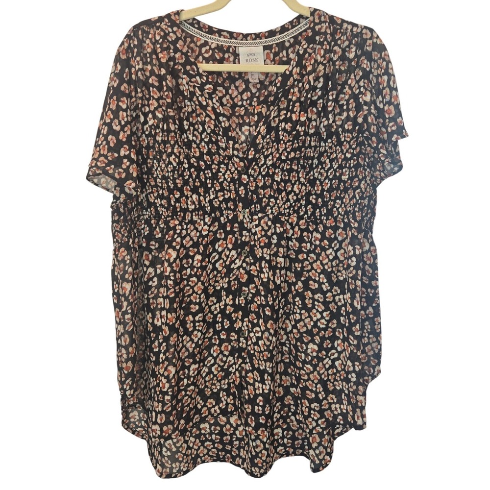 Knox Rose XL Top Tunic Short Sleeve Leopard Print Floral Smocked Boho Feminine
